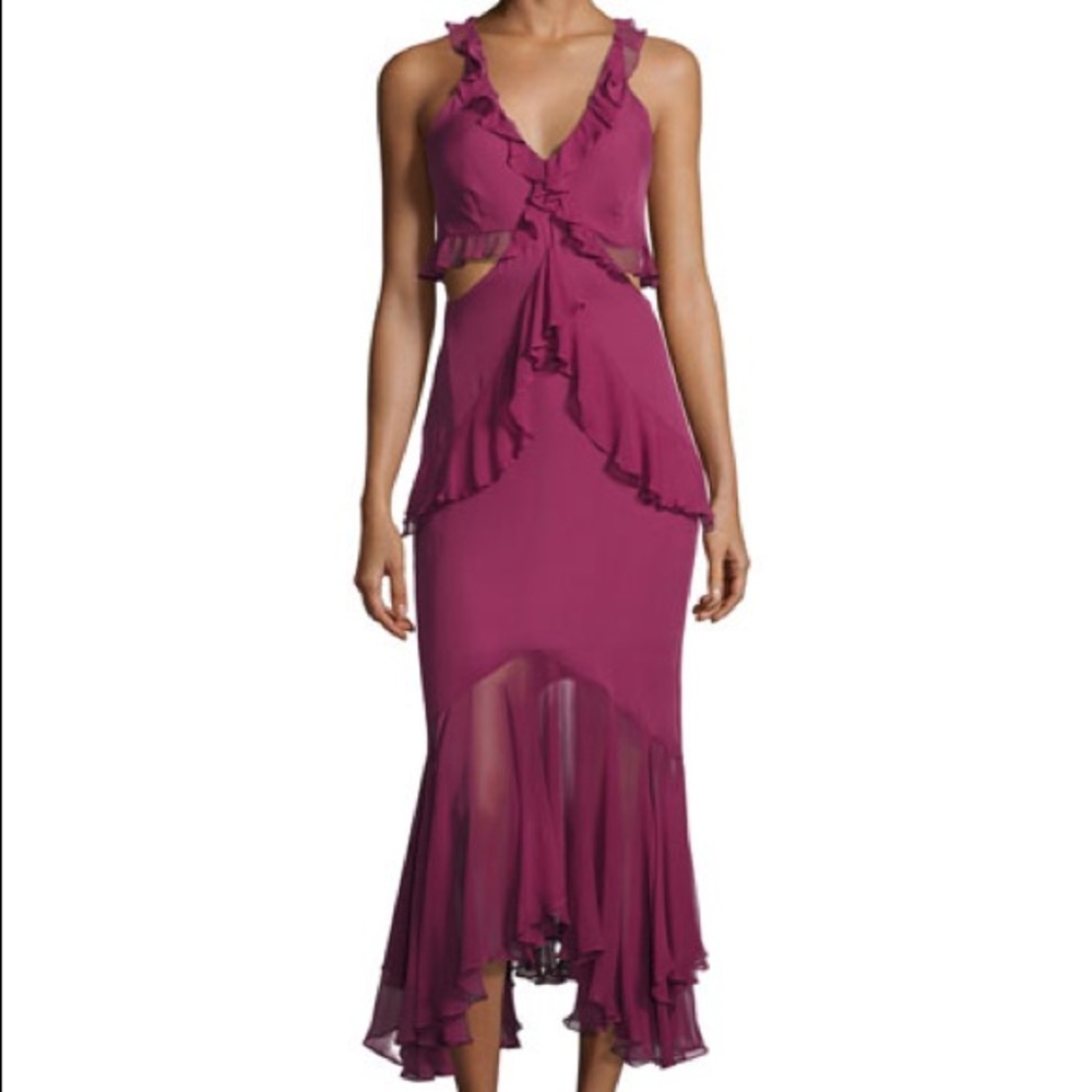 Sydney Ruffle Cutout Silk Midi Dress, Purple